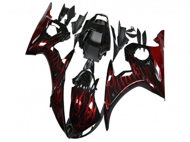 Glänzendes Schwarz Rot Flamme 2003-2004 Yamaha YZF R6 Motorrad Verkleidung