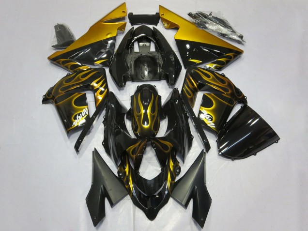 Glänzendes Schwarz Gold Flamme 2004-2005 Kawasaki ZX10R Motorrad Verkleidung