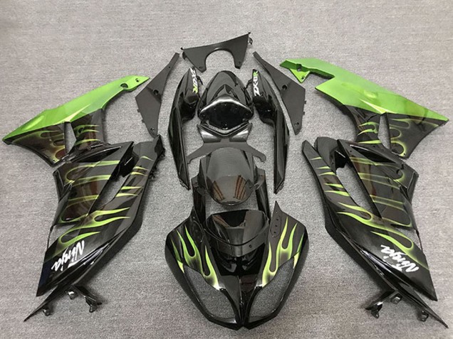 Glänzendes Schwarz Grün Flamme 2009-2012 Kawasaki ZX6R Motorrad Verkleidung