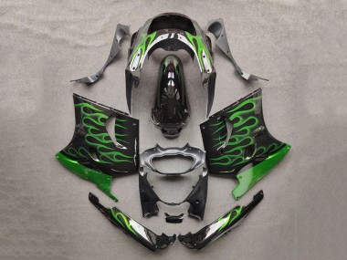 Glänzendes Schwarz Grün Flamme 1993-2003 Kawasaki ZZR1100 Motorrad Verkleidung