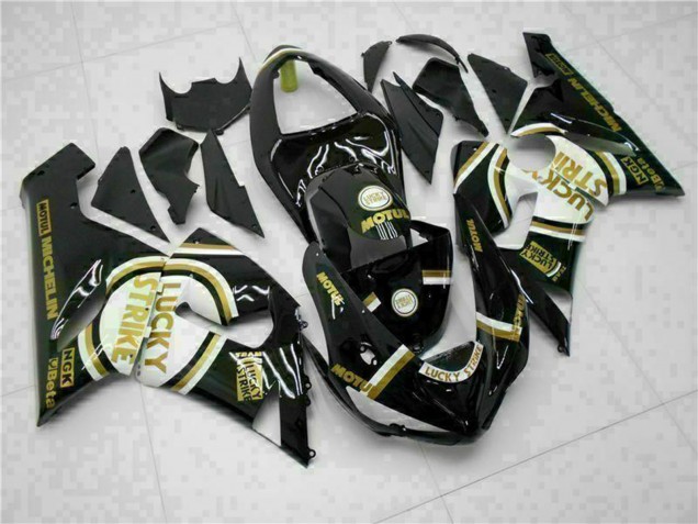 Glänzendes Schwarz Weiß Gold Lucky Strike 2005-2006 Kawasaki ZX6R Motorrad Verkleidung