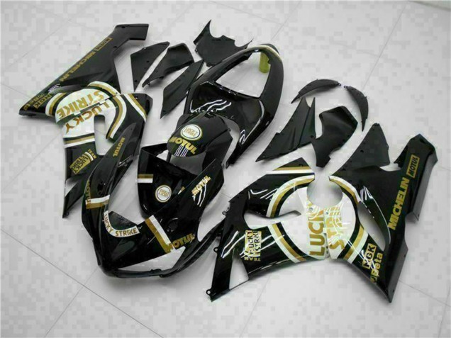 Glänzendes Schwarz Weiß Gold Lucky Strike 2005-2006 Kawasaki ZX6R Motorrad Verkleidung