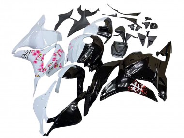 Weiß Cherry Blossom Glänzendes Schwarz 2009-2012 Honda CBR600RR Motorrad Verkleidung