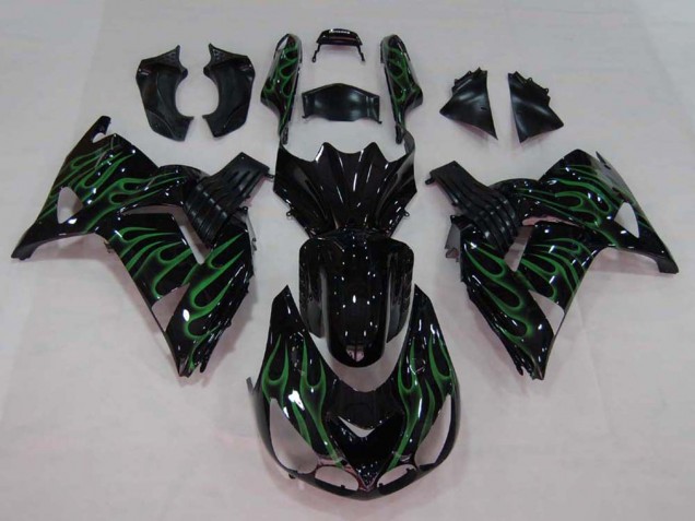 Glänzendes Schwarz Grün Flamme 2006-2011 Kawasaki ZX14R ZZR1400 Motorrad Verkleidung