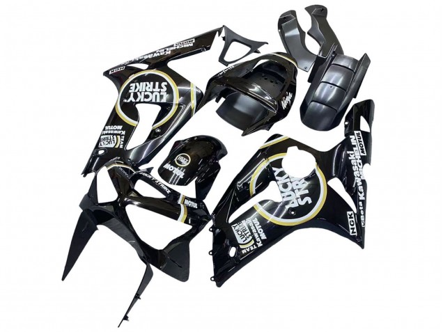 Glänzendes Schwarz Weiß Motul Lucky Strike 2003-2004 Kawasaki ZX6R Motorrad Verkleidung