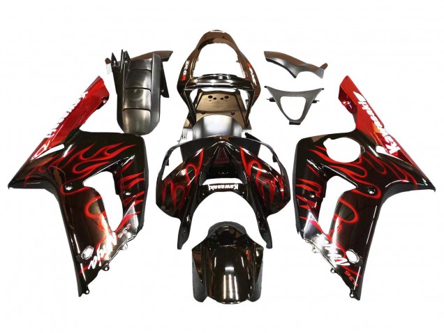Glänzendes Schwarz Rot Flamme 2003-2004 Kawasaki ZX6R Motorrad Verkleidung