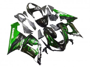 Glänzendes Schwarz Grün Flamme 2005-2006 Kawasaki ZX6R Motorrad Verkleidung