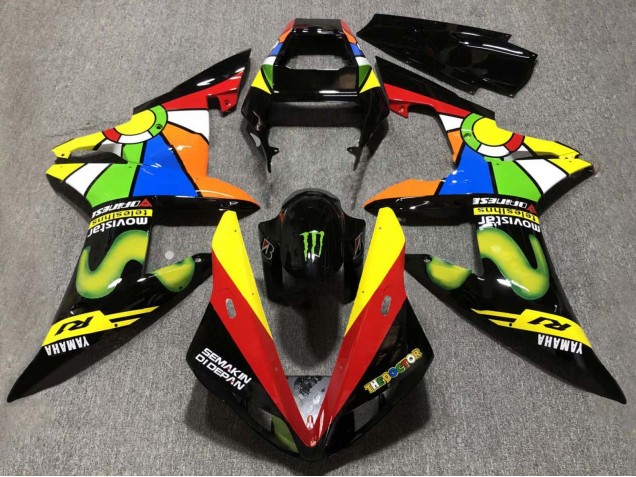 Glänzendes Schwarz Rot Gelb Grün MoviStar Semakin Didepan 2002-2003 Yamaha YZF 1000 R1 Motorrad Verkleidung