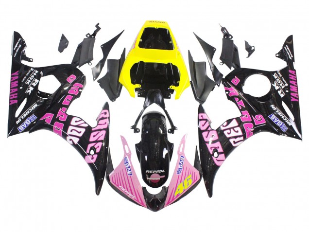 Gelb Rosa Glänzendes Schwarz Rossi Repsol 46 2003-2004 Yamaha YZF R6 Motorrad Verkleidung