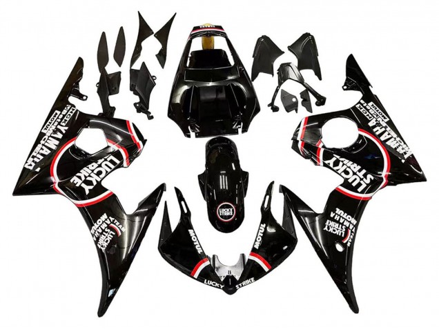 Glänzendes Schwarz Weiß Lucky Strike Motul 2005 Yamaha YZF 600 R6 Motorrad Verkleidung