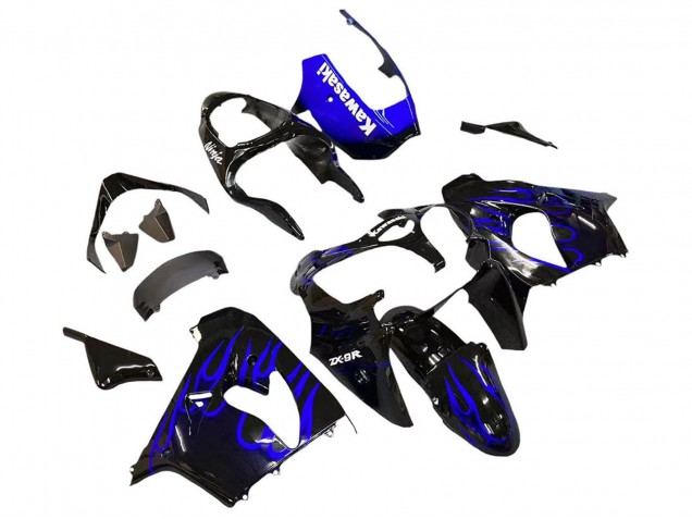 Glänzendes Schwarz Blau Flamme Weiß 2000-2001 Kawasaki ZX9R Motorrad Verkleidung