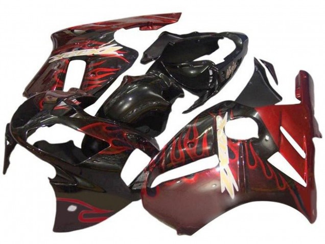 Glänzendes Schwarz Rot Flamme 2000-2001 Kawasaki ZX12R Motorrad Verkleidung