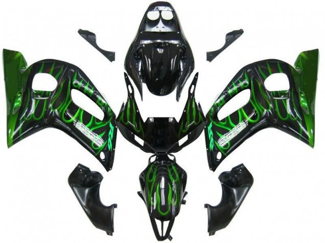 Glänzendes Schwarz Grün Flamme 1998-2002 Yamaha YZF 600 R6 Motorrad Verkleidung