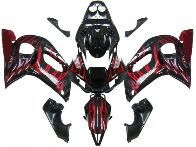 Glänzendes Schwarz Rot Flamme 1998-2002 Yamaha YZF 600 R6 Motorrad Verkleidung