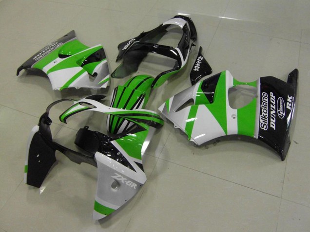 Weiß Grün Glänzendes Schwarz Streifen Silkolene Dunlop 2000-2002 Kawasaki ZX6R Motorrad Verkleidung