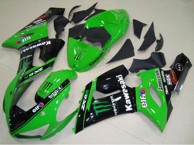 Grün Glänzendes Schwarz Elf Monster 2005-2006 Kawasaki ZX6R Motorrad Verkleidung