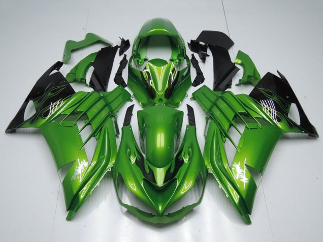Grün Glänzendes Schwarz Flamme Weiß Ninja 2012-2024 Kawasaki ZX14R ZZR1400 Motorrad Verkleidung