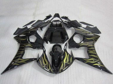 Glänzendes Schwarz Gold Flamme 2003-2004 Yamaha YZF R6 Motorrad Verkleidung