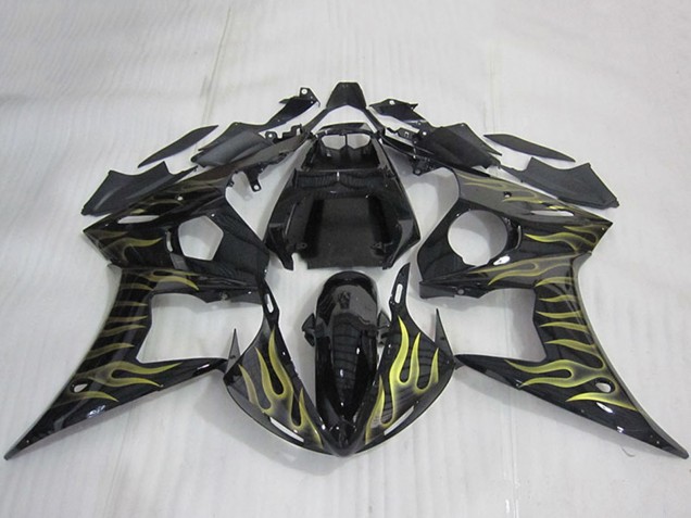 Glänzendes Schwarz Gold Flamme 2003-2004 Yamaha YZF R6 Motorrad Verkleidung