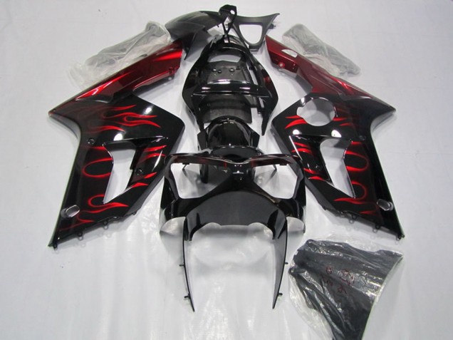 Glänzendes Schwarz Rot Flamme 2003-2004 Kawasaki ZX6R Motorrad Verkleidung