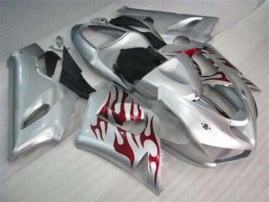 Kawasaki ZX6R 2005-2006 Motorrad Verkleidungen - Silber Rot Flammen