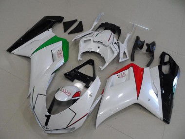 Ducati 848 1098 1198 2007-2014 Motorrad Verkleidungen - Perl Weiß mit italienischer Flagge